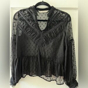 ZARA Basic Sheer Black Swiss Dot Ruffle Blouse XS